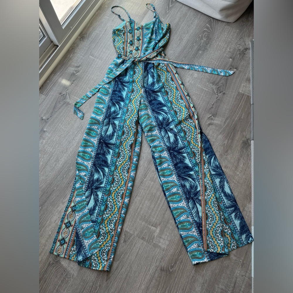 Monteau Blue and Green Paisley Print Boho Chic Jumpsuit
